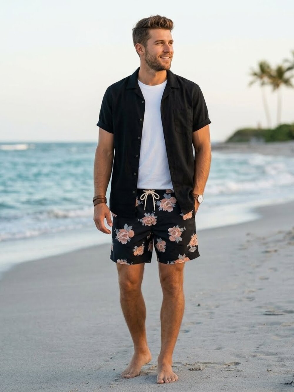 PacSun Black Floral Tropical Swim Shorts Trunks Size L